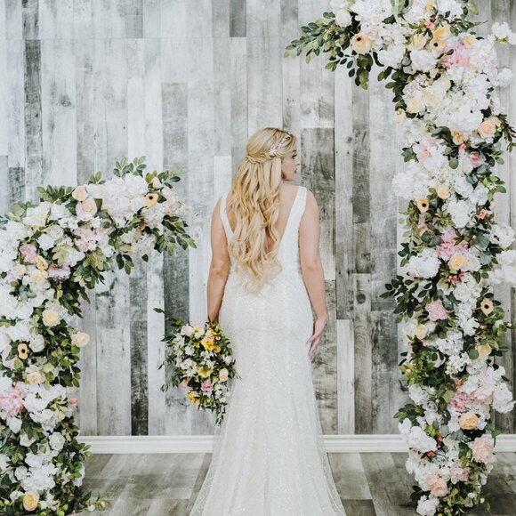 Plus Size Sheath Wedding Dress | Size 26W | Beaded Tulle, Plunging V-Neck - Picture 4 of 7